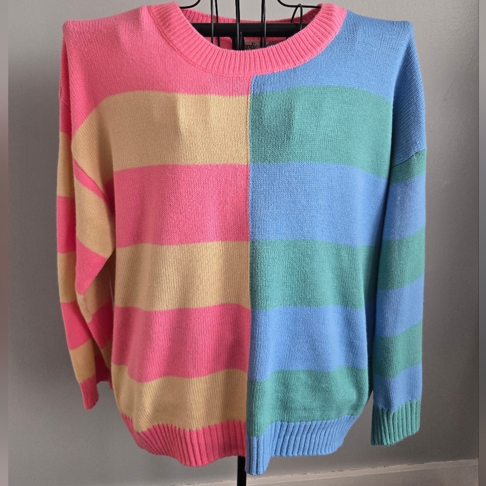 Haptics Pink and Blue Striped Color Block Knit Sweater - Picture 2 of 12